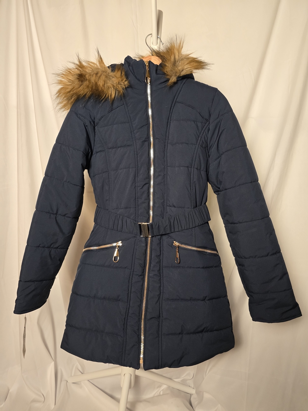 Womens Navy Puffer Coat with Faux Fur Hood Size Small